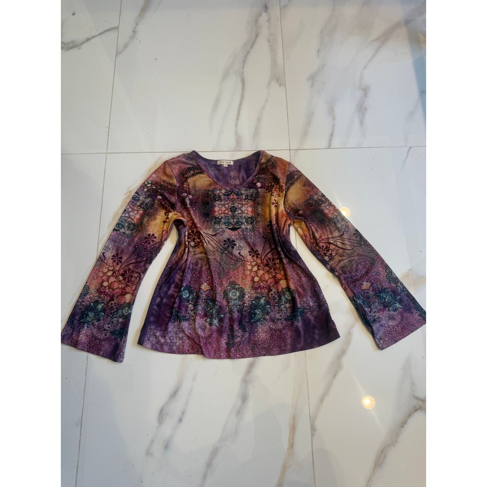 Xcit USA Womens XL Purple Orange Paisley V-Neck Bell Sleeve Top 8500-9364